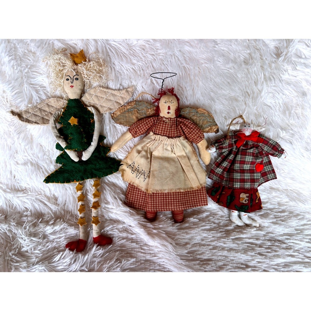3‎ Rustic Primitive Christmas Tree Ornaments Angels Bunny Whimsical Folk Art